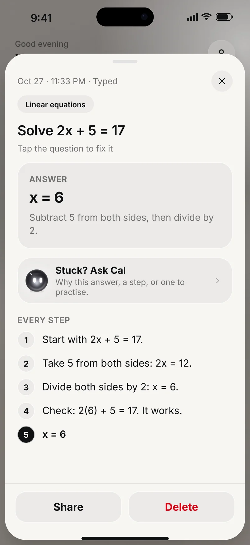 An answer with every step, light mode